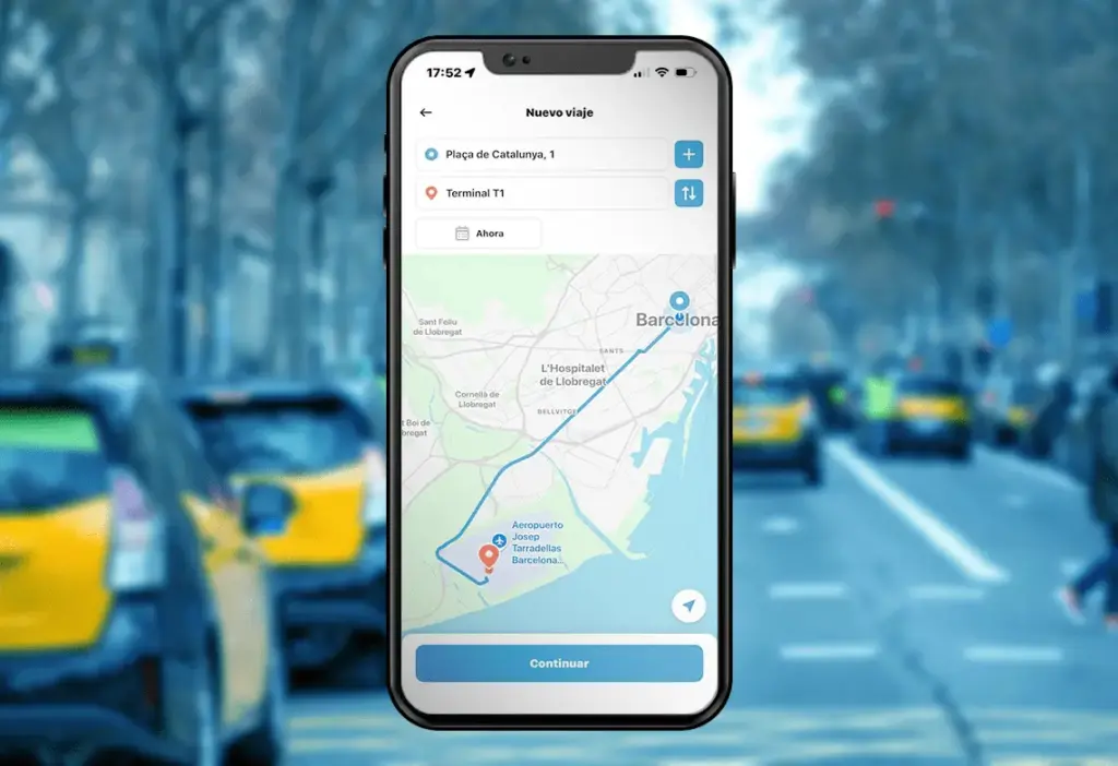 Pantalla de nuevo viaje de TaxiBlau con dirección de recogida, destino, fecha y recorrido en el mapa.