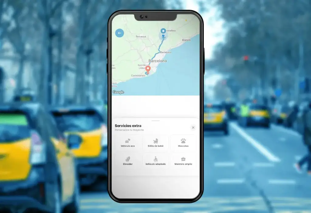 Opciones de Servicios extra en TaxiBlau, entre ellas sillita de bebé, vehículo adaptado y maletero amplio.